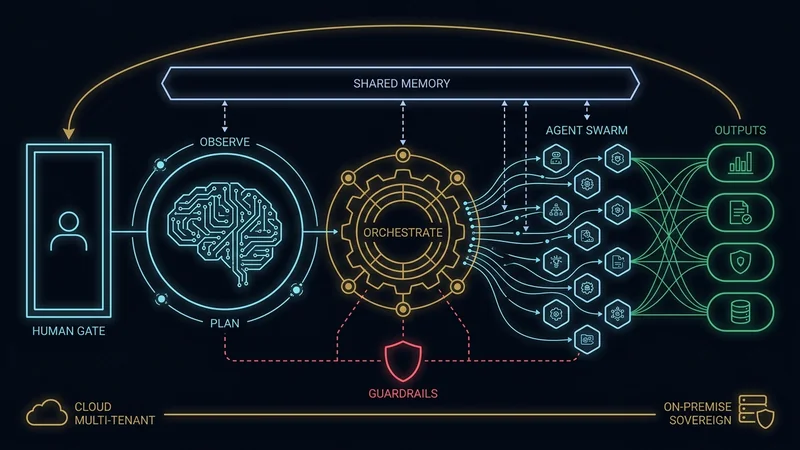 Diagram alur KES Agentic: human gate, observe dan plan, orchestrator, shared memory, agent swarm, outputs, guardrails